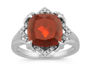 Cushion Cut Garnet and Round Diamond Ring in 14k White Gold