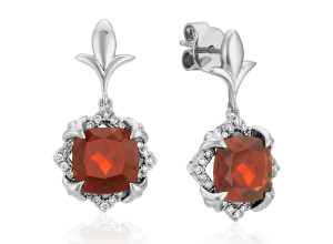 Cushion Cut Garnet and Round Diamond Earrings in 14k White Gold