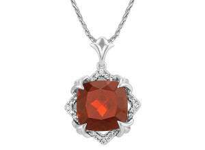 Cushion Cut Garnet and Round Diamond Pendant in 14k White Gold