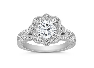 Vintage Princess Cut and Round Diamond Engagement Ring with Pave Setting