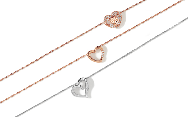 3 heart necklaces.  1. Morganite and Diamond Heart Pendant (22 in.) 2. Beso Diamond Heart Pendant in 14K Rose Gold (20 in) 3.Emery Diamond Heart Necklace in Sterling Silver (20 in)