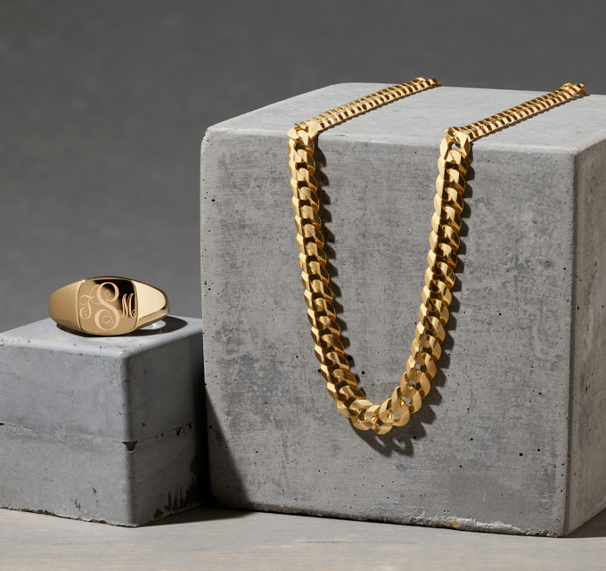gold signet ring and gold chain necklace for men