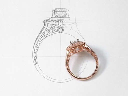 Diamond Rose Gold Engagement Ring With Unfinished Sketch of The Ring Next To It