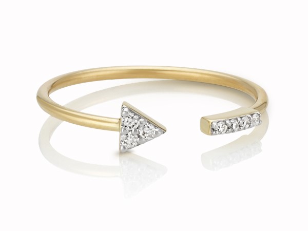 Yellow gold diamond arrow ring.