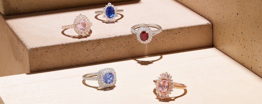 Variety of colored sapphire engagement rings.