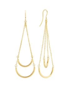 Yellow gold half-circle dangle earrings.