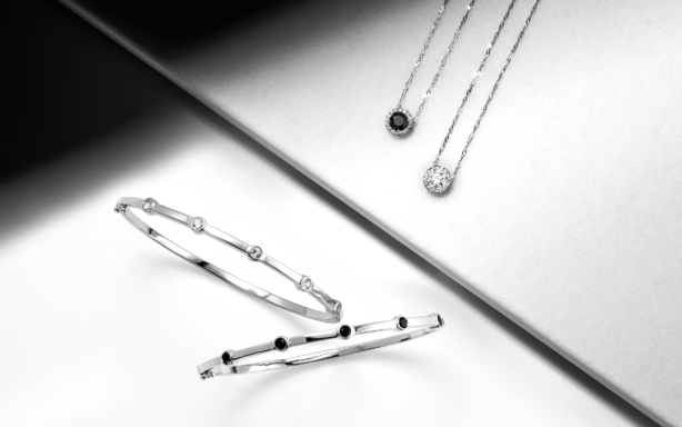 Black and white bracelets and pendants.