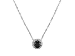 Black sapphire and diamond halo pendant necklace.