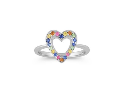 Rainbow sapphire sterling silver heart ring.