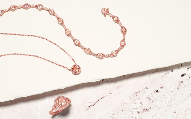 Rose gold and morganite necklace, bracelet and ring.
