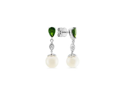 Freshwater pearl, white sapphire and chrome diopside earrings