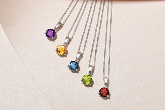 The Ornament Pendant: a gemstone pendant in five different colors, $100.