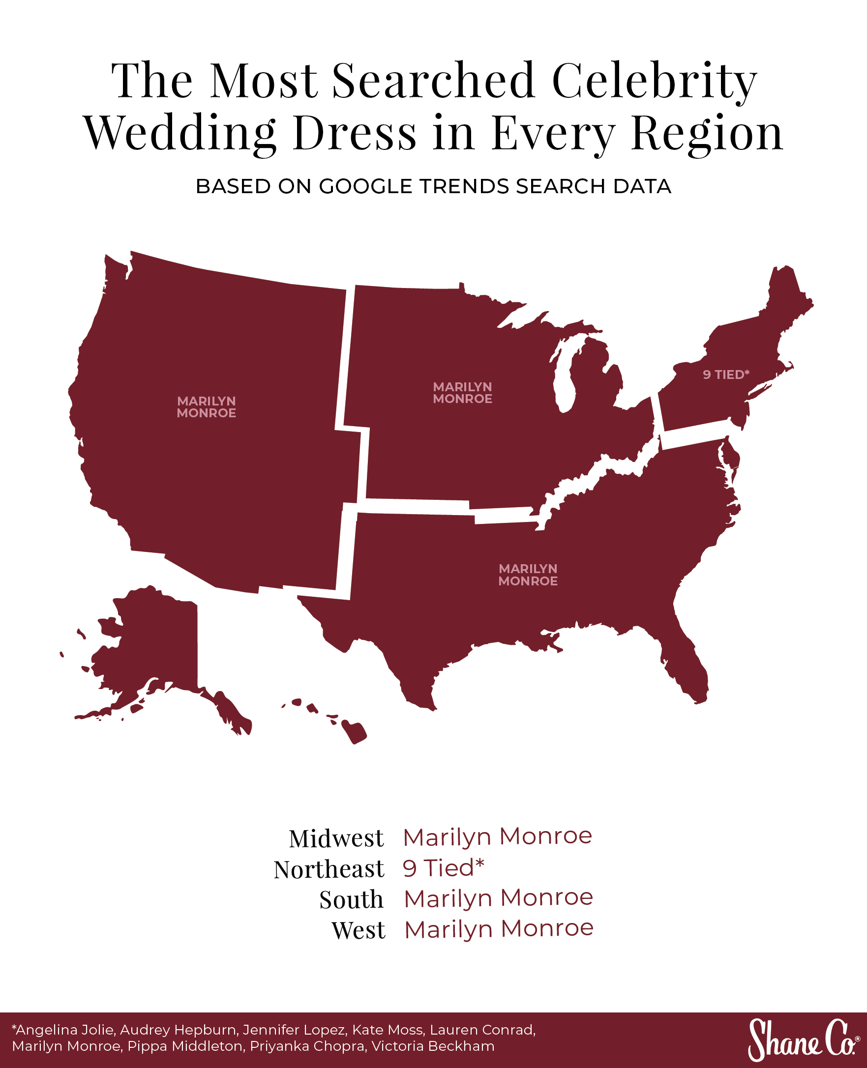 US map showing the most searched celebrity wedding dress per region