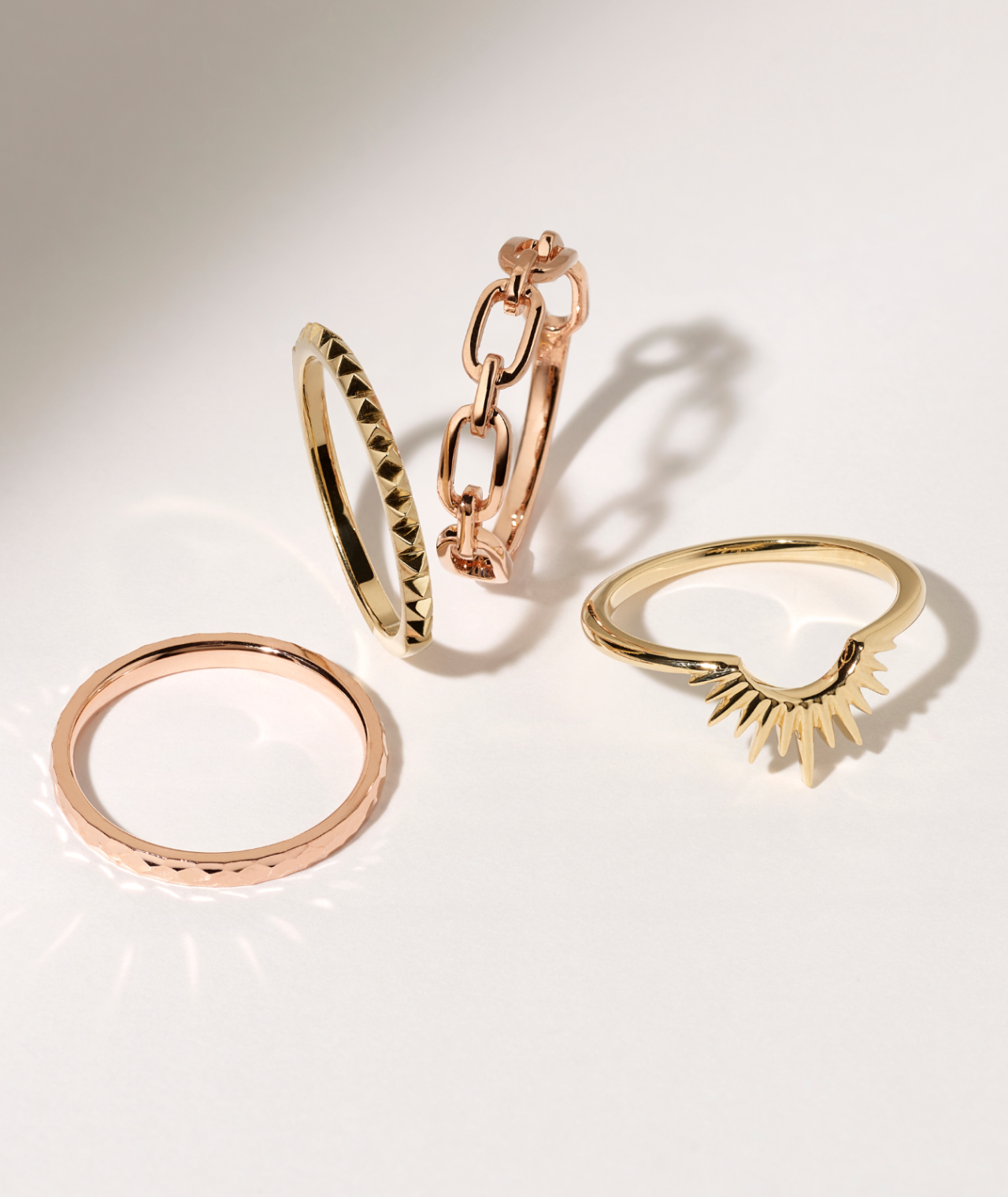 2 rose gold bands and 2 gold bands as examples for ring stacking