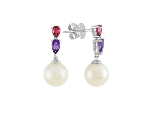 Freshwater pearl, garnet and amethyst dangle earrings