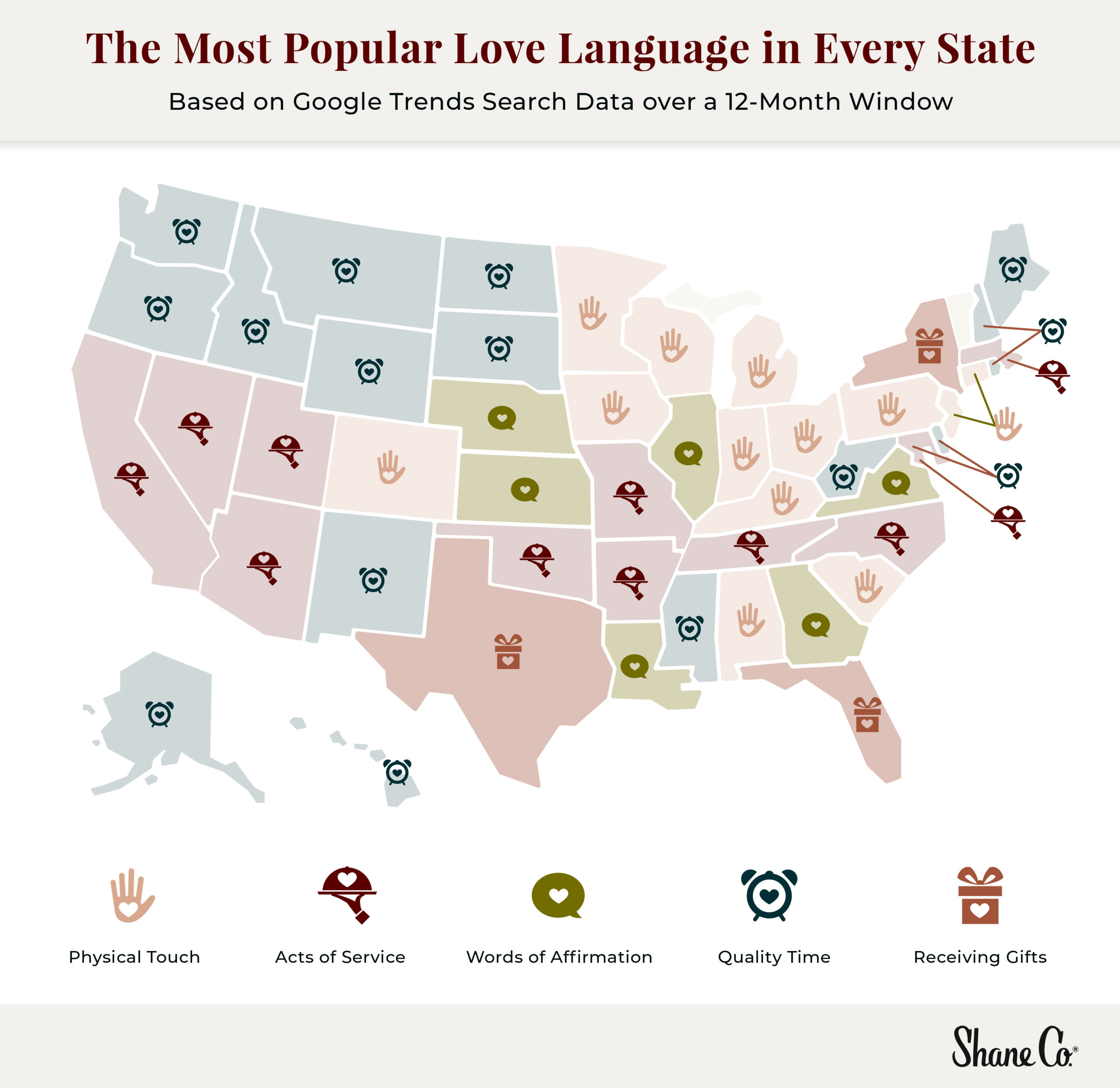 A map of the most popular love language in every state.