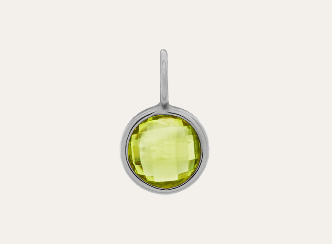 I Will Be Right Here - Peridot Charm in 14k White Gold Crafted in quality 14 karat white gold as part of our exclusive gemstone collection, this lovely charm features natural peridot, which is believed to be associated with warmth and well-being. The bezel-set round natural peridot gemstone weighs approximately 0.80 carat and measures just under ½ inch, including the o-ring. A chain is not included and many of our charms and pendants are available for custom engravings. For more information, Live Chat or call an online customer service representative at 1-866-467-4263, or visit one of our store locations.