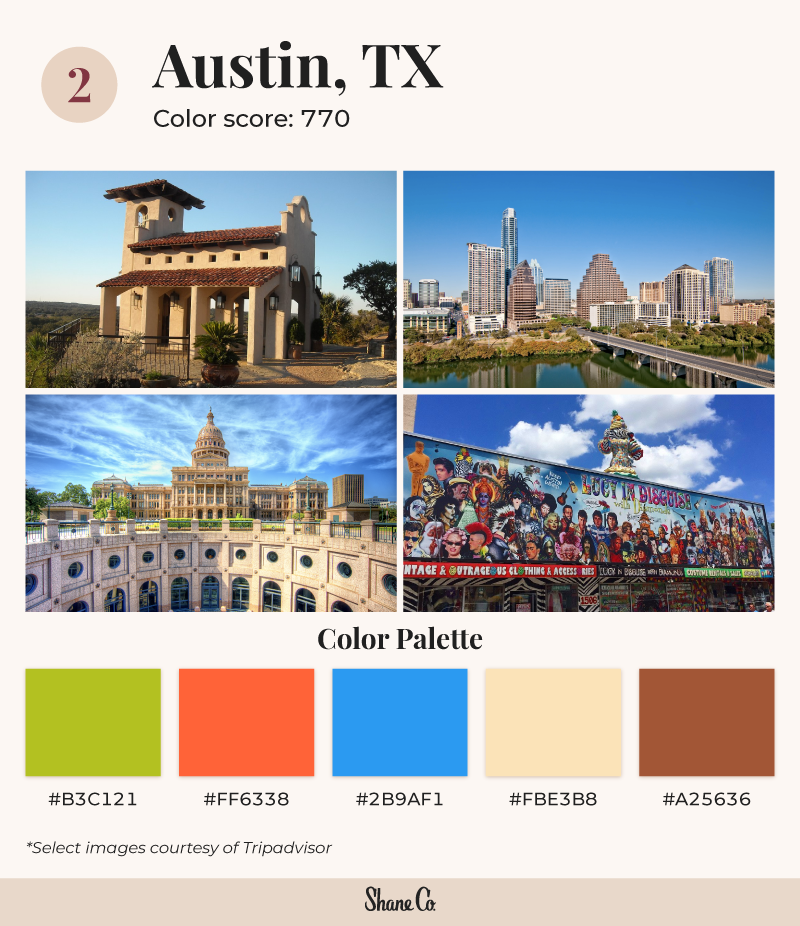 a color palette of Austin, TX, generated from Adobe’s color wheel