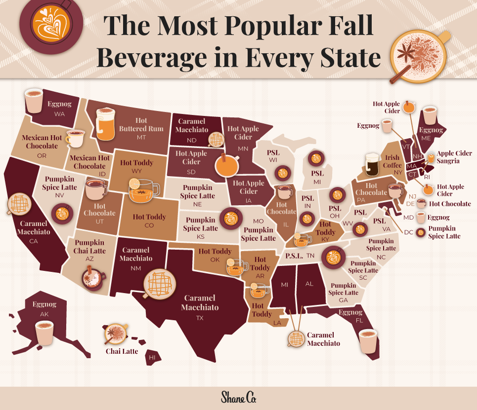 A map showing the top-searched fall beverage in every U.S. state