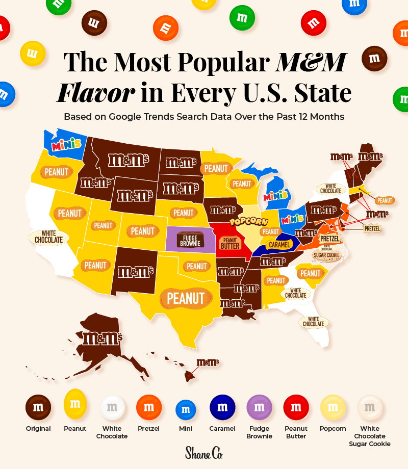 A U.S. map showing the most popular M&M flavor in every state.
