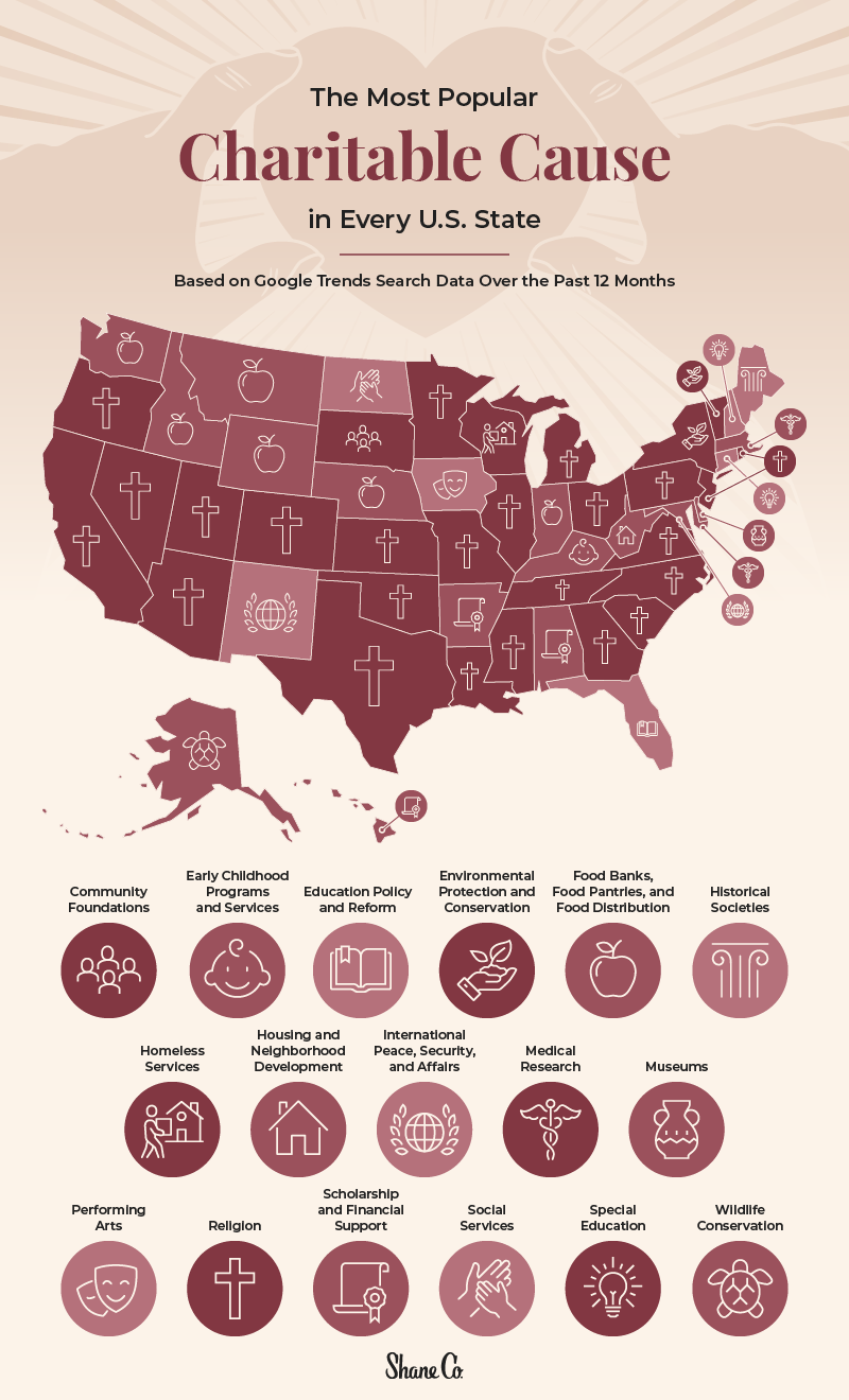 Graphic showing the most popular charitable cause in every U.S. state.