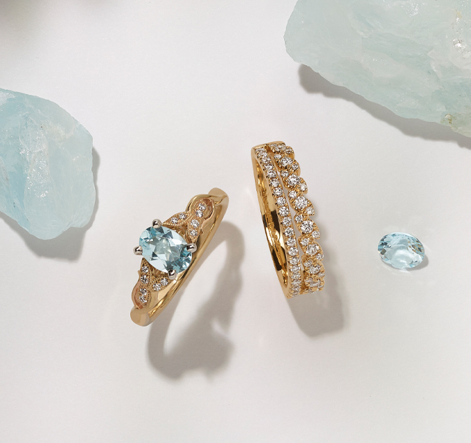 Yellow Gold Aquamarine Engagement ring, with matching gold pave diamond wedding rings
