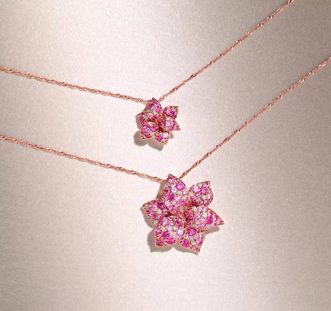 Mosaic Pink Natural Sapphire and Natural Diamond Flower Pendant in 14k Rose Gold
