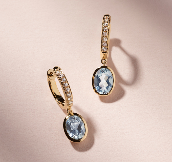 yellow gold and aquamarine drop earrings with pave hoop