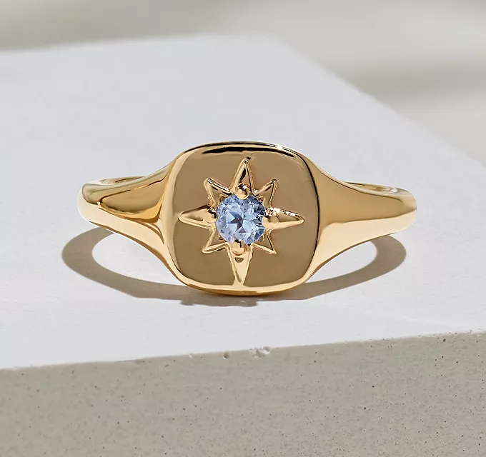 modern class ring, gold star signet ring with a blue gemstone to match your school colors