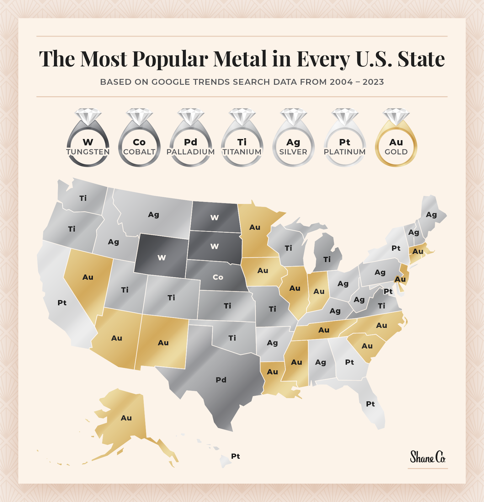 U.S. map showing the most popular metals in the U.S. 