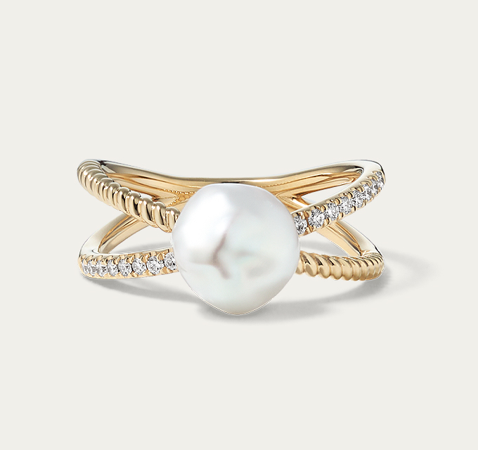 7mm Freshwater Keshi Pearl and Diamond Crossover Ring