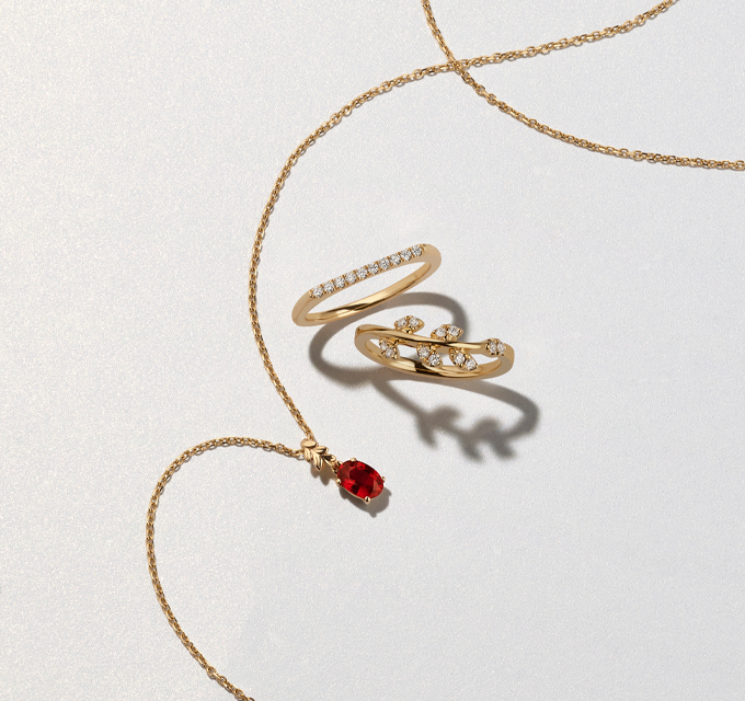 Tegan Stackable Diamond Ring in 14K Yellow Gold & Evergreen Leaf Pendant for Oval Gemstone (18 in shown with a ruby)