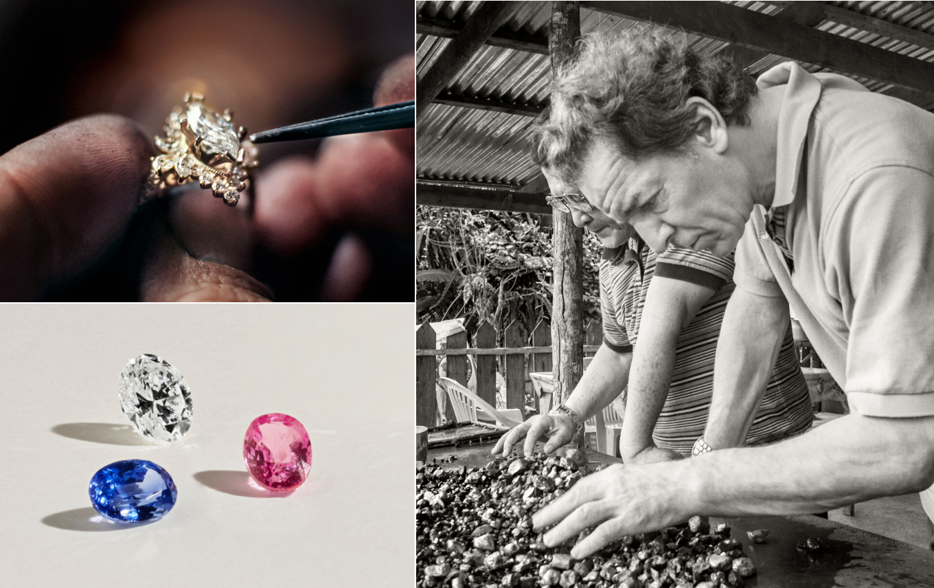 Shane Co. A collage image of Tom Shane selecting gemstones, a jeweler setting a marquise diamond engagement ring, and 3 loose oval gemstones