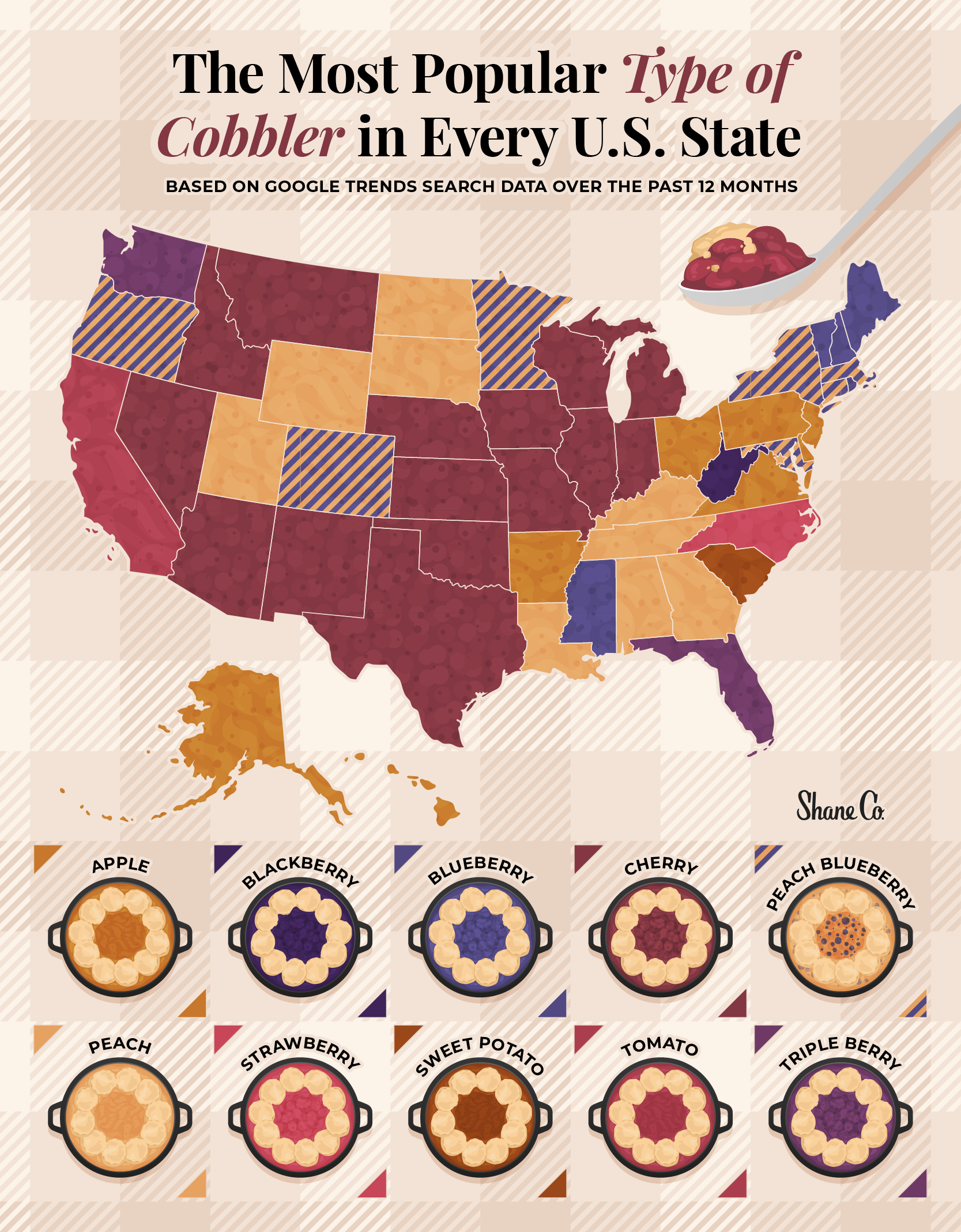 U.S. map with the most popular type of cobbler in every U.S. state