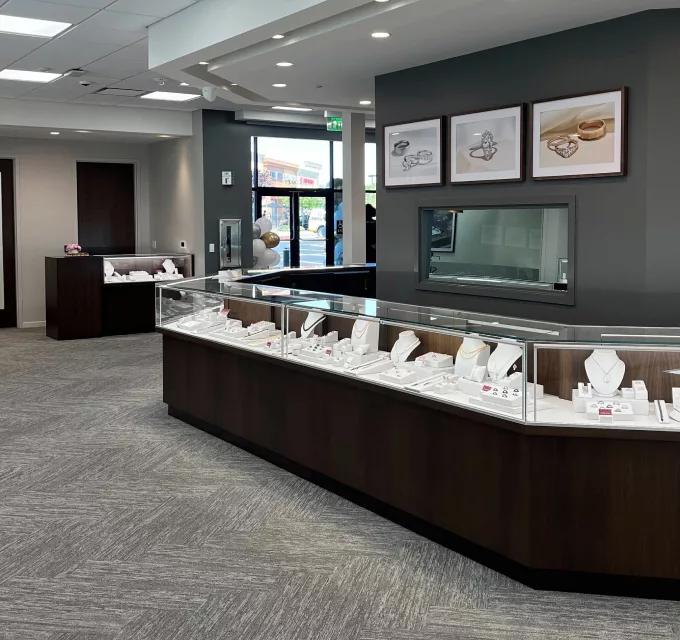 San Mateo Shane Co. Jewelry Store, showroom with display cases