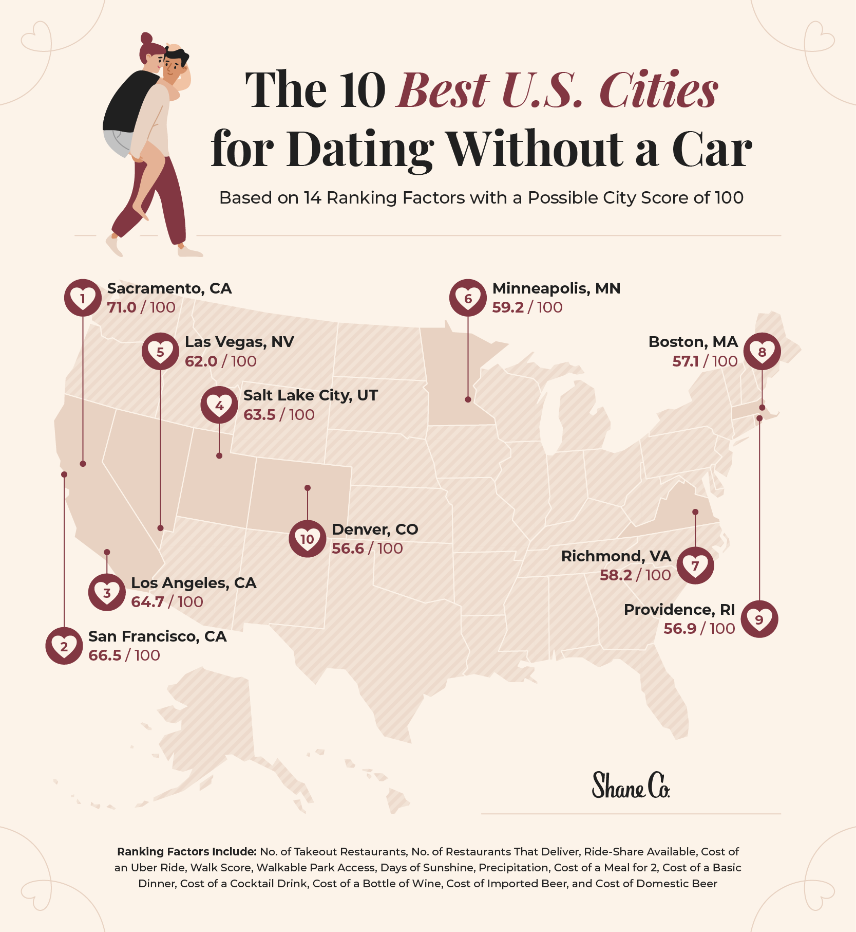 U.S. map indicating the best cities for dating without a car.
