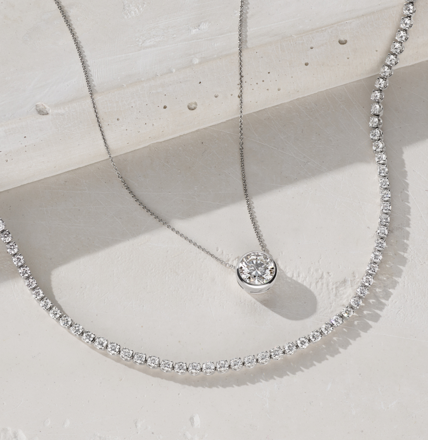 Round 1 1/2 ctw Lab-Grown Diamond Bezel Pendant and 7 tcw Lab-Grown Diamond Tennis Necklace