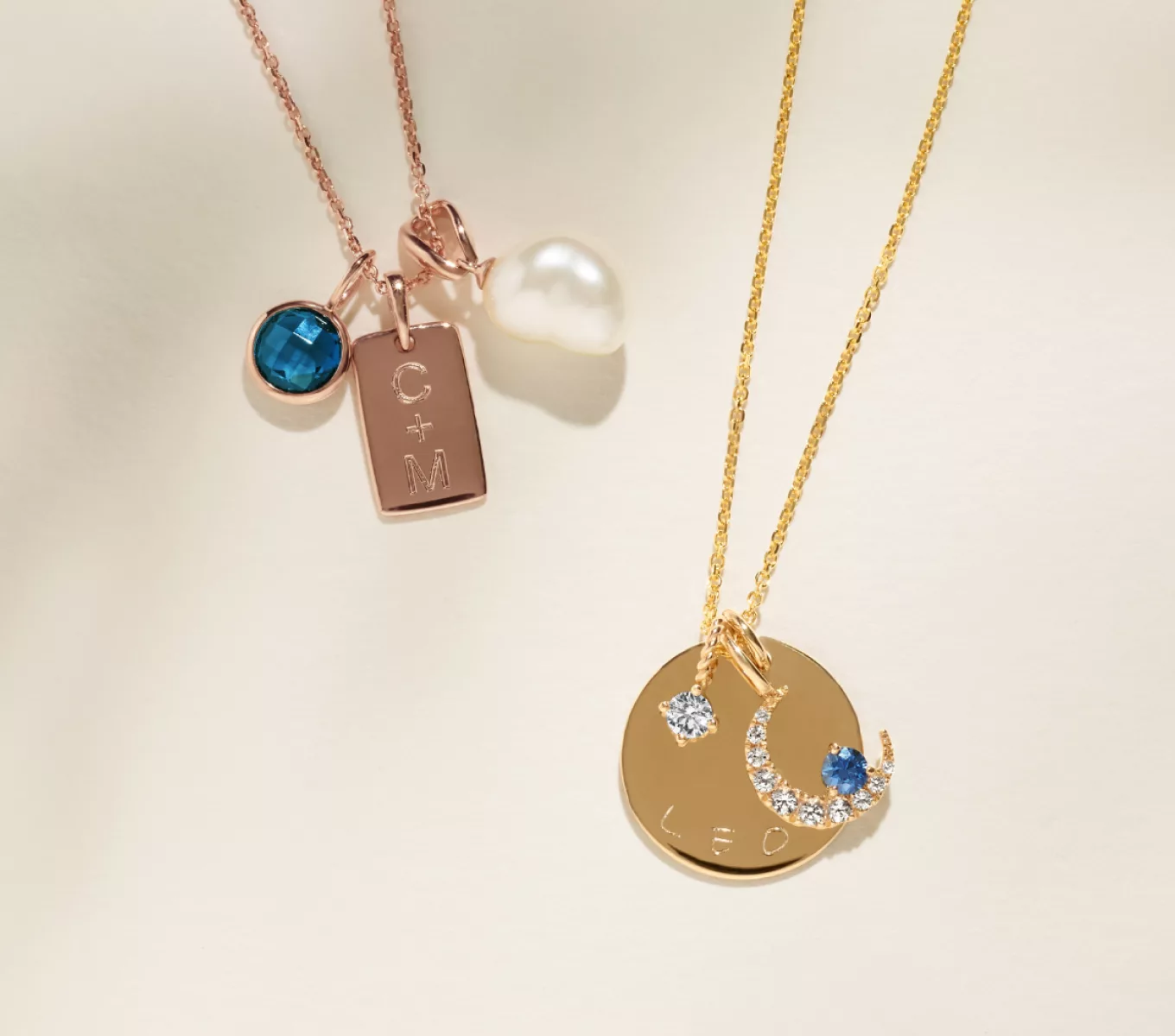 Image of Top Group: Diamond Cut Cable Chain in 14k Rose Gold, London Blue Topaz Charm in 14k Rose Gold, Rectangle Charm in 14k Yellow Gold, 8mm Baroque Cultured Freshwater Pearl Charm
Bottom Group: 14k Yellow Gold Adjustable Cable Chain, 5/8 Inch Engravable Disk Charm in 14k Yellow Gold, 14k Yellow Gold Gemstone Charm, Crescent Moon White Sapphire Charm in 14k Yellow Gold