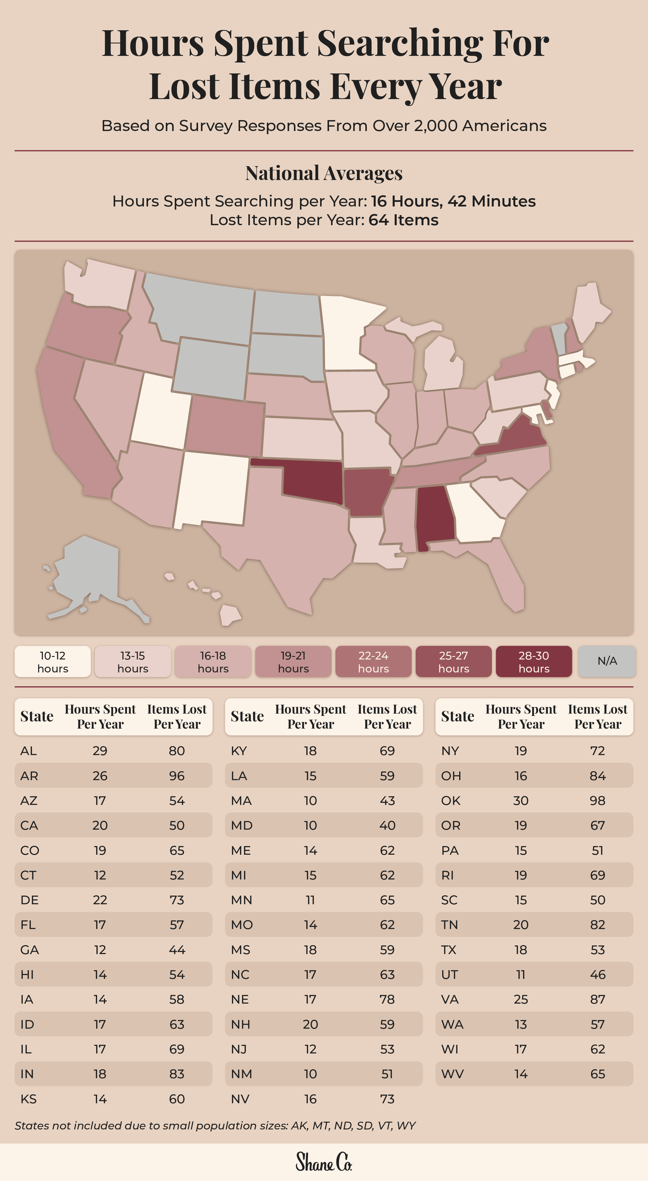 A U.S. map showing how many minutes residents in each state spend looking for lost items