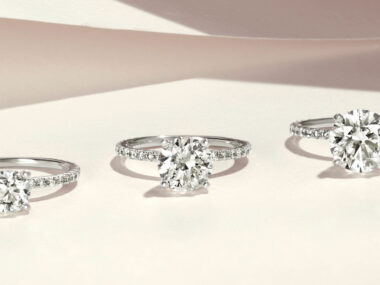 three diamond engagement rings with center stone getting progressively larger highlighting the Shane Co. upgrade policy
