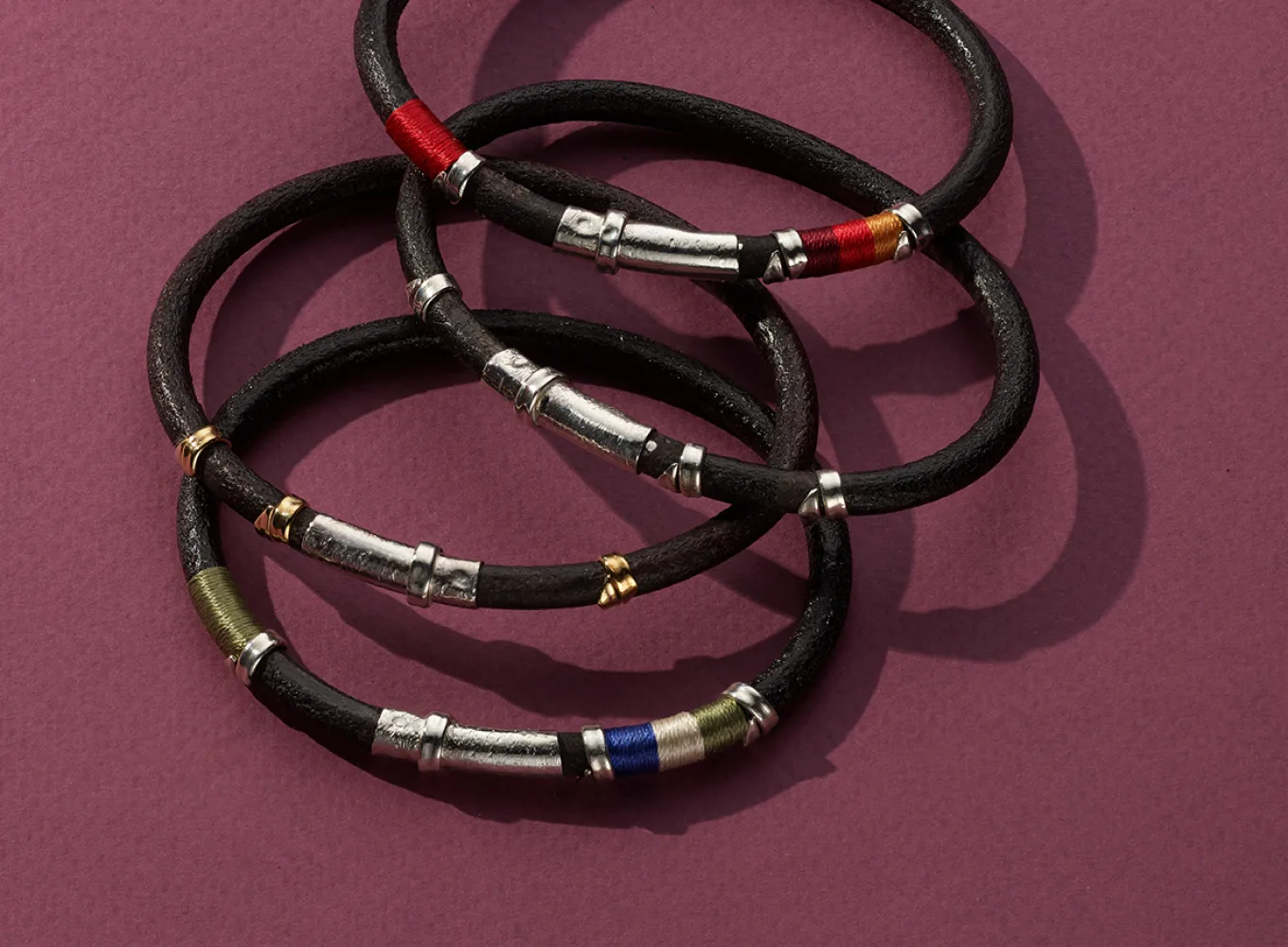 Fire Elements Leather Bracelet with Silk & Silver This espresso-brown leather bracelet features sterling silver accents and colorful silk accents in red, maroon, and orange. A push lock clasp seamlessly keeps this bracelet secure. Adam Leather Bracelet with Silver Accents This espresso-brown leather bracelet features sterling silver accents for a look that will complement any outfit. A push lock clasp seamlessly keeps this bracelet secure. Adam Leather Bracelet with Silver & Gold Accents This espresso-brown leather bracelet features 14-karat yellow gold accents for a look that will complement any outfit. A sterling silver push lock clasp seamlessly keeps this bracelet secure. Earth Elements Leather Bracelet with Silk & Silver This espresso-brown leather bracelet features sterling silver accents and colorful silk accents in olive green, blue, and tan. A push lock clasp seamlessly keeps this bracelet secure.