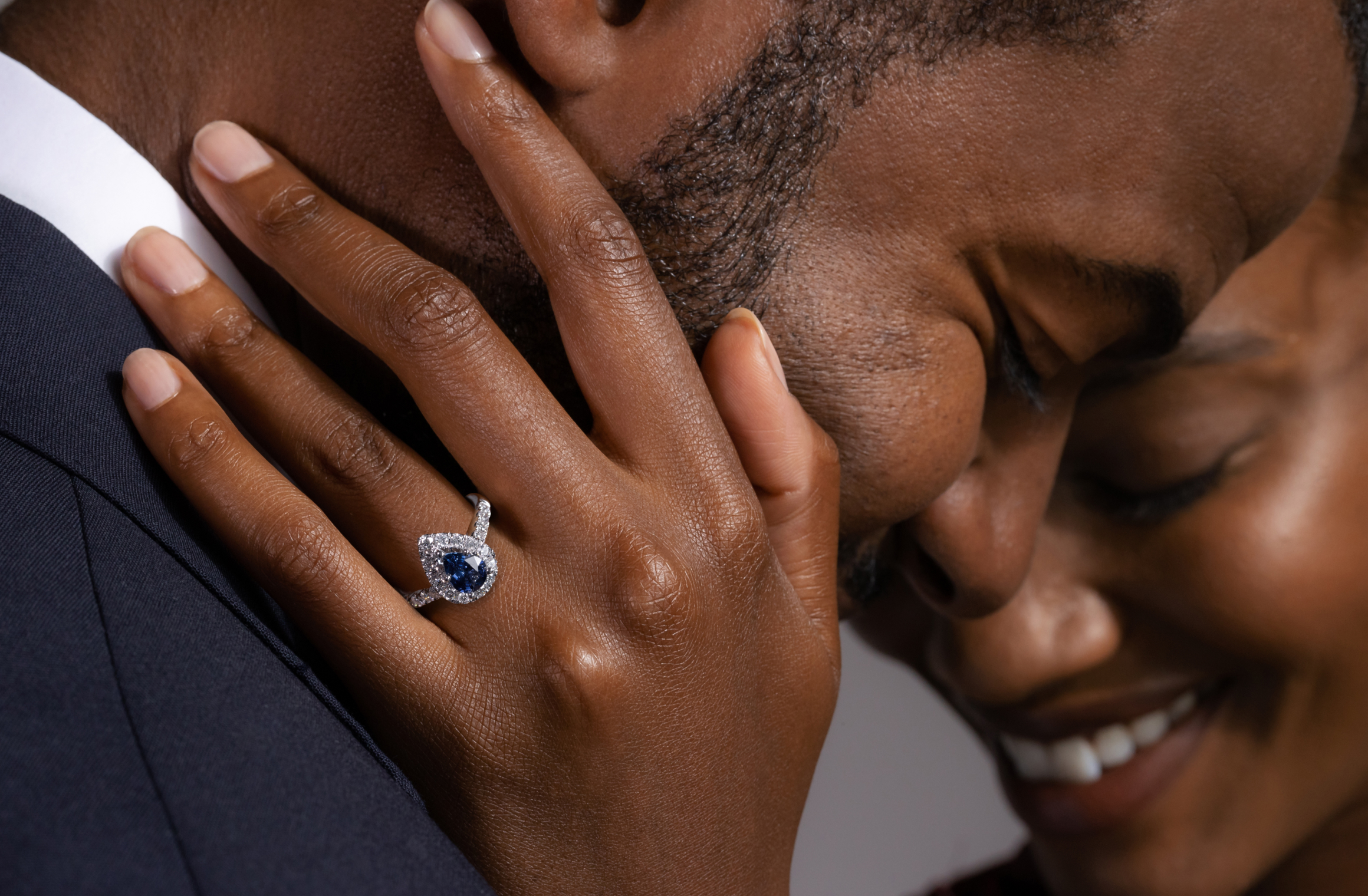 Showstopper Engagement Ring for 1 ct Pear This glamorous halo engagement ring features natural diamond pavé throughout as well as a shimmering cathedral for all-around sparkle. Add the pear-shaped center stone of your dreams to complete this beautiful 14-karat white gold ring. For more information on selecting your center stone, live chat online, call a customer service representative at 1-866-467-4263, or visit one of our store locations.