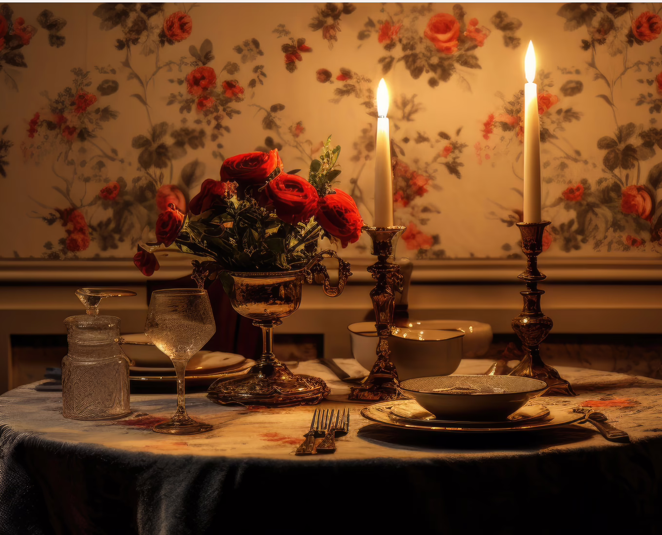 A candlelit dinner setting