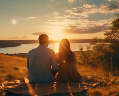 A couple sitting on top of a hill together admiring the sunset view