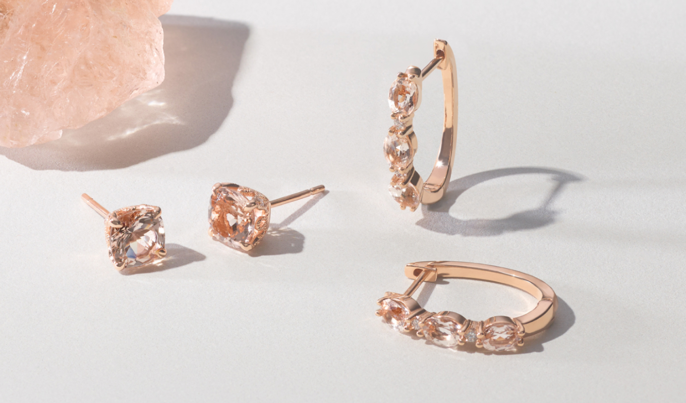 Raw Morganite Gemstone. Tierney Morganite & Diamond Studs Colorful and sophisticated, each of these gorgeous stud earrings features one cushion cut natural peach morganite gemstone. Crafted in vivid 14-karat rose gold, they have an ornate design around the sides, complete with natural diamond accents and a touch of delicate milgrain detail. Each pair of gemstones is hand matched for consistent color and beauty.Zora Morganite & Diamond Hoops Add beautiful blush color to any look with these natural morganite hoop earrings. Crafted in vivid 14-karat rose gold, they feature natural diamond accents between each gemstone for a touch of sparkle.