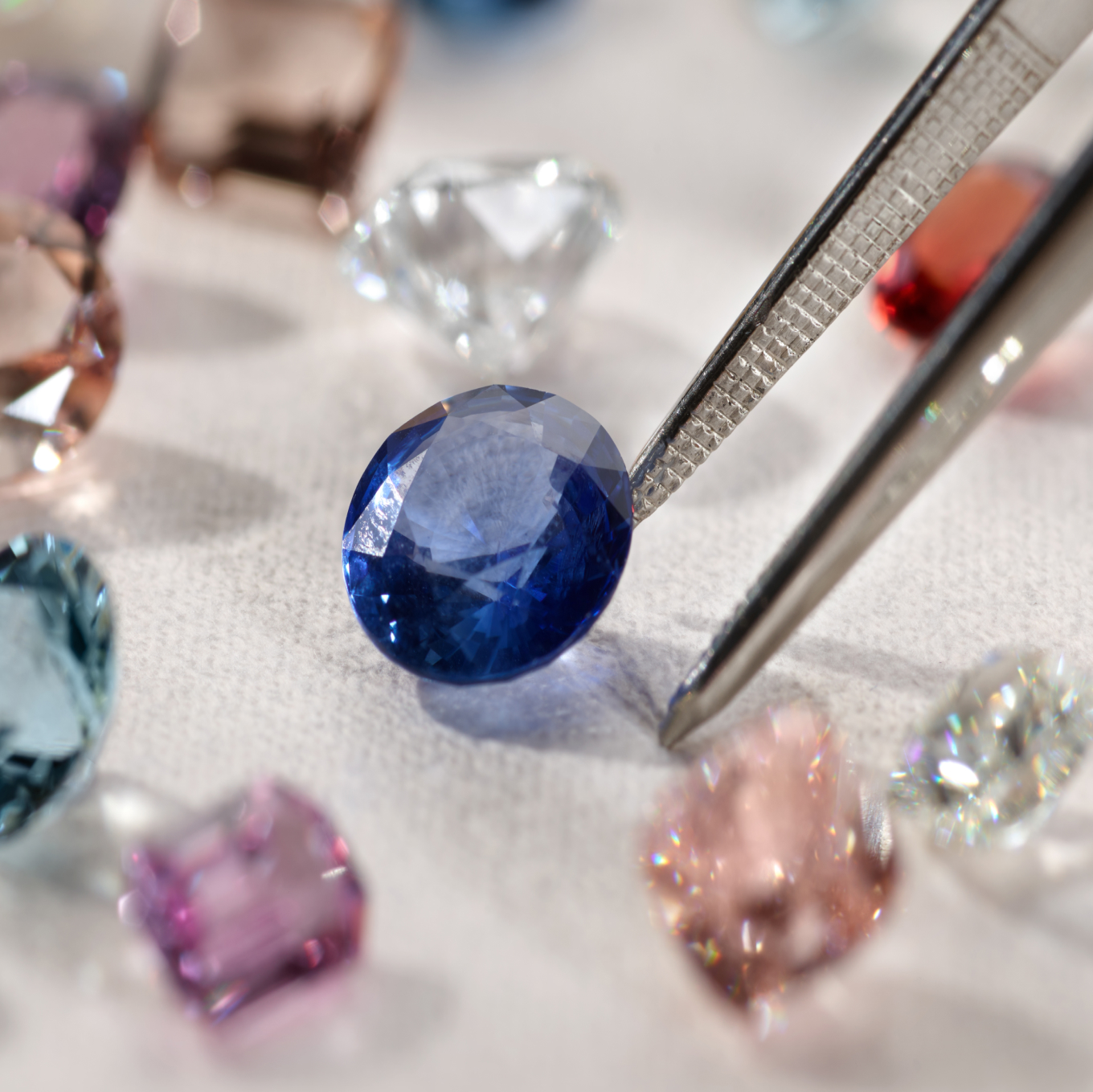 image of loose gemstones, the center features a blue sapphire, but also includes aquamarine, diamond, ruby.