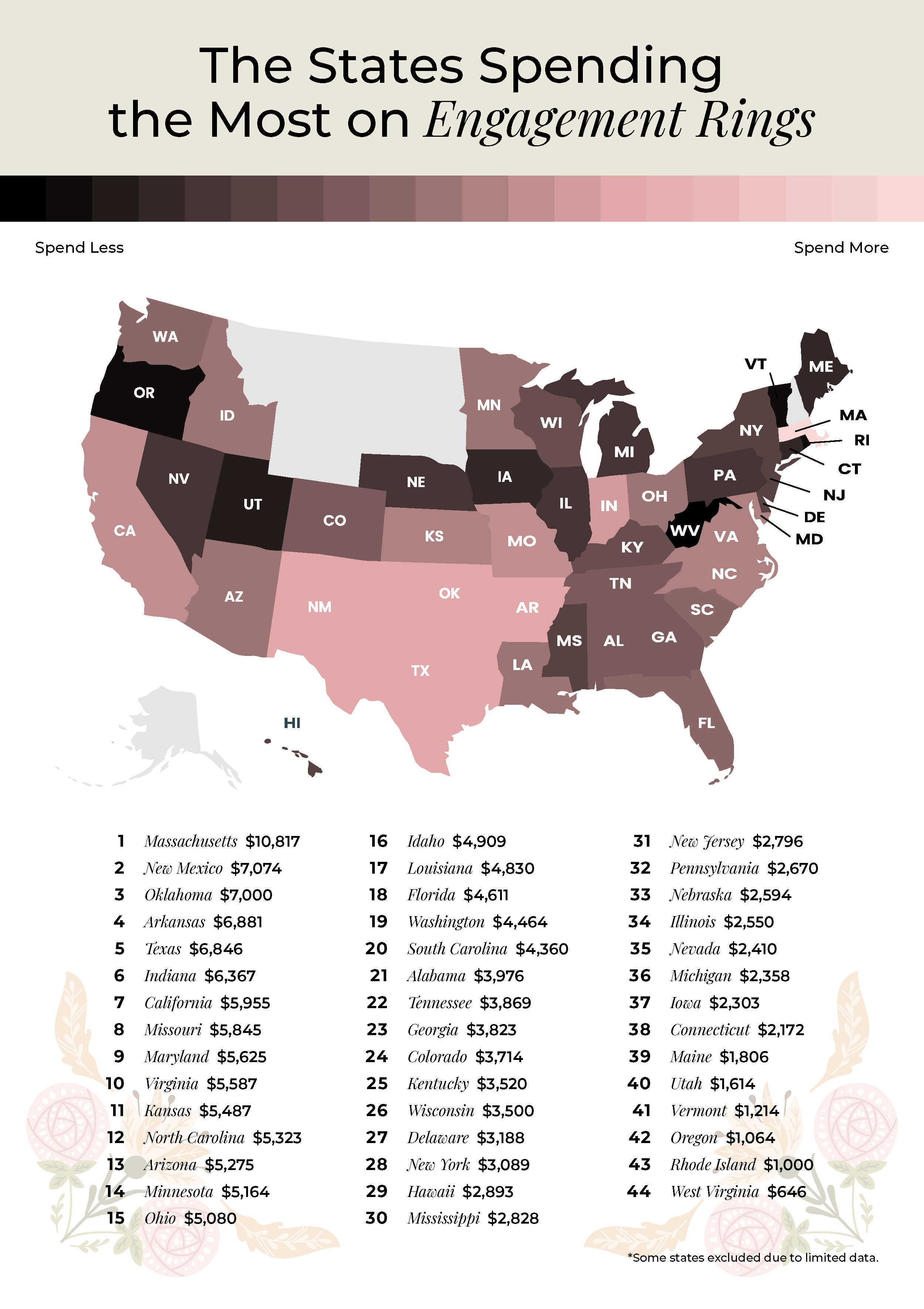 map of the states spending the most on engagement rings