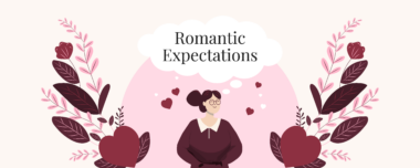 The graphic titled "Romantic Expectations" features a person with a thought bubble above their head containing the text "Romantic Expectations." The background is a soft light pink, with two large floral arrangements on either side. The floral arrangements consist of dark red and pink leaves and flowers, and there are small red and pink hearts scattered around the person, adding to the romantic theme of the image. The overall design conveys a contemplative and dreamy mood about romantic expectations.