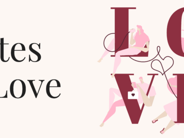 The graphic titled "States of Love" features the phrase "States of Love" in large black letters on the left side of the image. On the right side, the word "LOVE" is spelled out in large dark red letters, with each letter incorporating an illustration of a person engaged in different activities. The "L" shows a person drinking from a bottle, the "O" shows a person taking a selfie with a heart icon, the "V" depicts a person looking at their phone with a love letter icon, and the "E" shows a person talking on a phone with a cord forming a heart shape. The background is a soft light pink, and the overall design is whimsical and highlights various states of romantic engagement.