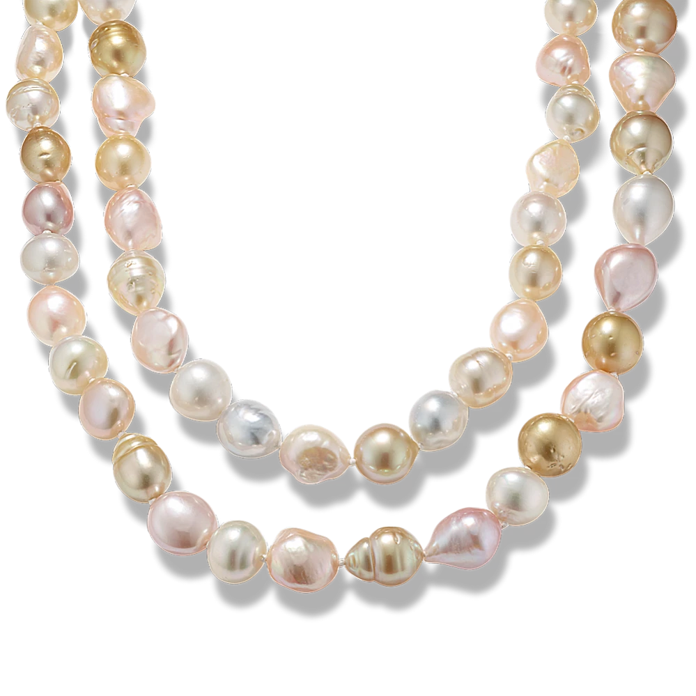 Pastel Multicolored Cultured Pearl Strand (33in) The natural pastel colors of this gorgeous cultured freshwater and South Sea pearl strand are as fun as they are sophisticated. It features an extra-long length that can be wrapped around to create an elegant double-strand look and a 14-karat yellow gold bead clasp that seamlessly keeps this necklace secure. Our pearl strands are hand matched for color and luster and strung with an individual knot between each pearl, so you’ll never lose one. Baroque cultured multi-colored freshwater and South Sea pearls at 10-15mm 33-inch length 14k yellow gold bead clasp